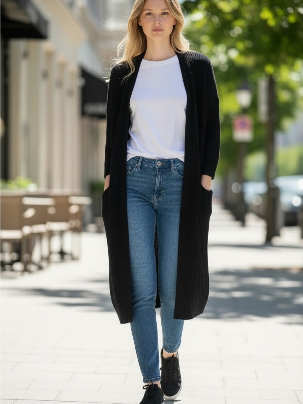 Long Black Open-Front Duster Cardigan